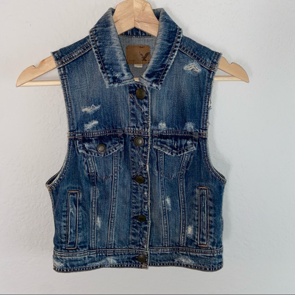 American Eagle distressed jean vest size S